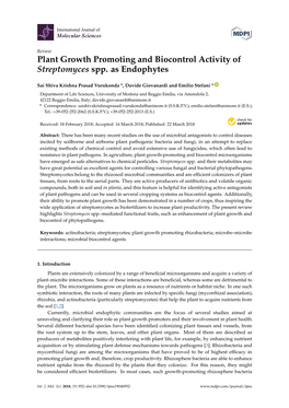 Plant Growth Promoting and Biocontrol Activity of Streptomyces Spp. As Endophytes