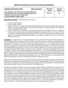 Fountain Wind Project) Owner: Shasta Cascade Timberlands, Llc 06/22/21 R2 Applicant: Fountain Wind, Llc Montgomery Creek Area