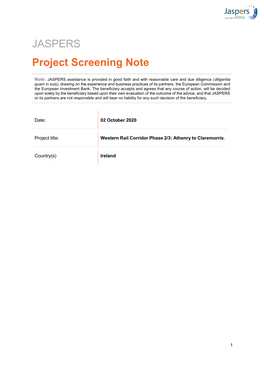 JASPERS Project Screening Note