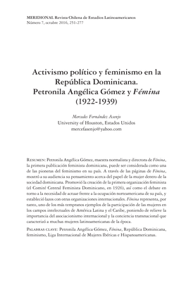 Activismo Político Y Feminismo En La República Dominicana. Petronila Angélica Gómez Y Fémina (1922-1939)