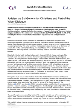 Judaism As Sui Generis for Christians and Part of the Wider Dialogue 30.04.2017 | Patrick Morrow*