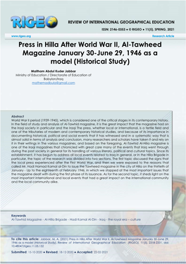 Press in Hilla After World War II, Al-Tawheed Magazine January 30-June 29, 1946 As a Model (Historical Study)