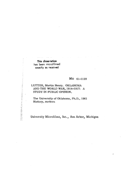 LUTTER, Martin Henry. OKLAHOMA and the WORLD WAR, 1914-1917; a STUDY in PUBLIC OPINION
