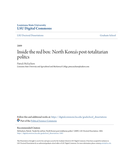 North Korea's Post-Totalitarian Politcs Patrick Mceachern Louisiana State University and Agricultural and Mechanical College, Ptmceachern@Yahoo.Com