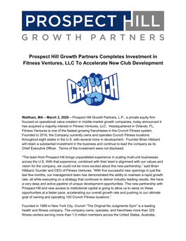 Prospect Hill Growth Partners Completes Investment in Fitness Ventures, LLC to Accelerate New Club Development