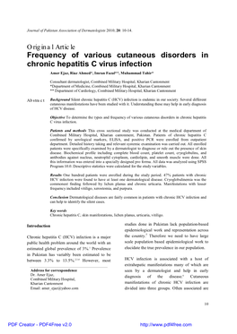 Frequency of Various Cutaneous Disorders in Chronic Hepatitis C Virus Infection Amer Ejaz, Riaz Ahmed*, Imran Fazal**, Muhammad Tahir*