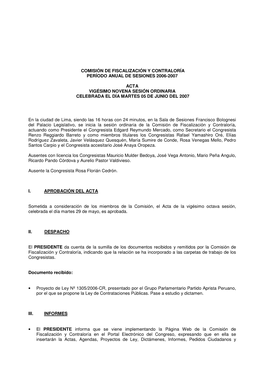 Comisión De Fiscalización Y Contraloría Período Anual De Sesiones 2006-2007 Acta Vigésimo Novena Sesión Ordinaria Celebrad