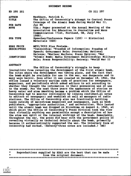 The Office of Censorship's Attempt to Control Press Coverage of the Atomic Bomb During World War II