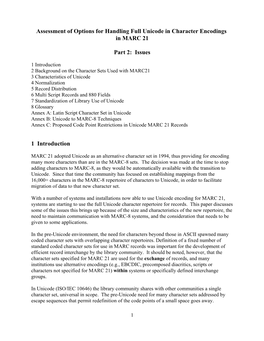 Assessment of Options for Handling Full Unicode in Character Encodings in MARC 21