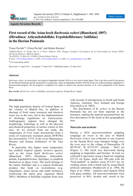 First Record of the Asian Leech Barbronia Weberi (Blanchard, 1897) (Hirudinea: Arhynchobdellida: Erpobdelliformes: Salifidae) in the Iberian Peninsula