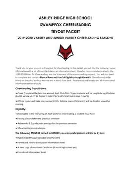 Ashley Ridge High School Swampfox Cheerleading Tryout Packet 2019-2020 Varsity and Junior Varsity Cheerleading Seasons