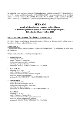 SEZNAM Potrjenih Kandidatov Za Redne Volitve Članov V Svete Krajevnih Skupnostih V Občini Gornja Radgona, Ki Bodo Dne 18