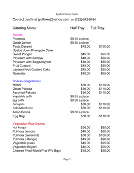 Catering Menu Half Tray Full Tray