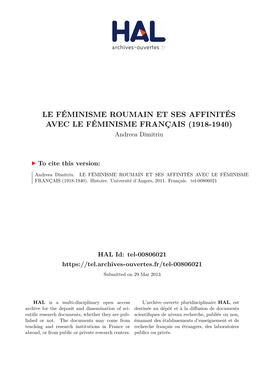 LE FÉMINISME ROUMAIN ET SES AFFINITÉS AVEC LE FÉMINISME FRANÇAIS (1918-1940) Andreea Dimitriu