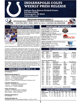 INDIANAPOLIS COLTS WEEKLY PRESS RELEASE Indiana Farm Bureau Football Center P.O