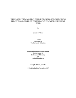 Welfare in the Canadian Equine Industry: Understanding Perceptions and Pilot Testing of an On-Farm Assessment Tool