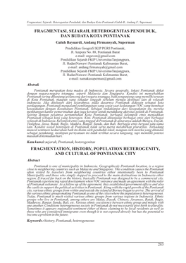 FRAGMENTASI, SEJARAH, HETEROGENITAS PENDUDUK, DAN BUDAYA KOTA PONTIANAK Galuh Bayuardi, Andang Firmansyah, Superman Pendidikan Geografi IKIP PGRI Pontianak, Jl