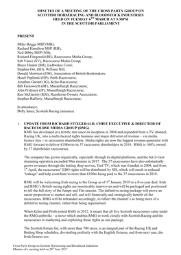 Minutes of a Meeting of the Cross Party Group on Scottish Horseracing and Bloodstock Industries Held on Tuesday 6Th March at 5.30Pm in the Scottish Parliament