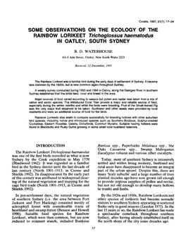 SOME OBSERVATIONS on the ECOLOGY of the RAINBOW LORIKEET Trichoglossus Haematodus in OATLEY, SOUTH SYDNEY