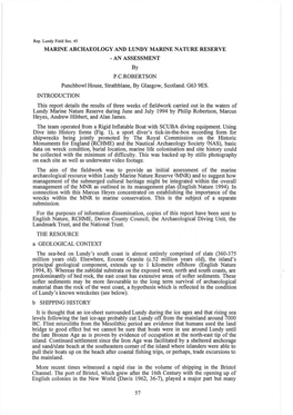 MARINE ARCHAEOLOGY and LUNDY MARINE NATURE RESERVE - an ASSESSMENT by P.C.ROBERTSON Punchbowl House, Strathblane, by Glasgow, Scotland