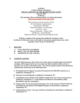 AGENDA UNION PUBLIC SCHOOLS SPECIAL MEETING of the BOARD of EDUCATION June 26, 2020 12:00 P.M