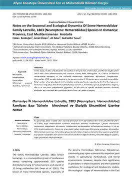 (Neuroptera: Hemerobiidae) Species in Osmaniye Province, East Mediterranenan Anatolia Hakan Bozdoğan1, İsmail Özcan2, Ali Satar3, Sadreddin Tusun4