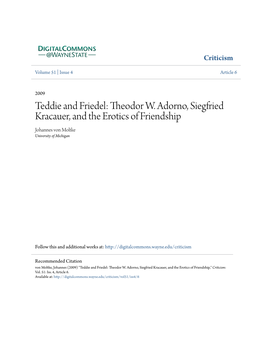 Theodor W. Adorno, Siegfried Kracauer, and the Erotics of Friendship Johannes Von Moltke University of Michigan