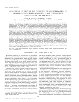 Ecological Context of the Evolution of Self-Pollination in Clarkia Xantiana: Population Size, Plant Communities, and Reproductive Assurance