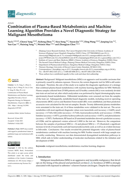 Combination of Plasma-Based Metabolomics and Machine Learning Algorithm Provides a Novel Diagnostic Strategy for Malignant Mesothelioma