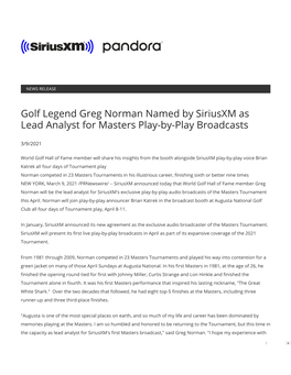 Golf Legend Greg Norman Named by Siriusxm As Lead Analyst for Masters Play-By-Play Broadcasts
