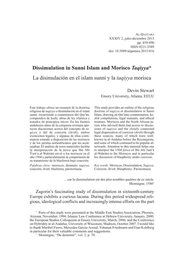 Dissimulation in Sunni Islam and Morisco Taqiyya* La Disimulación En El Islam Sunní Y La Taqiyya Morisca