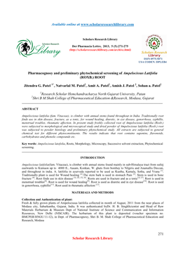 Pharmacognosy and Preliminary Phytochemical Screening of Ampelocissus Latifolia (ROXB.) ROOT