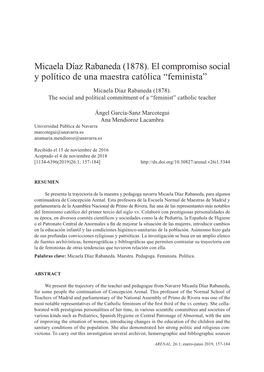 Micaela Díaz Rabaneda (1878). El Compromiso Social Y Político De Una Maestra Católica “Feminista”