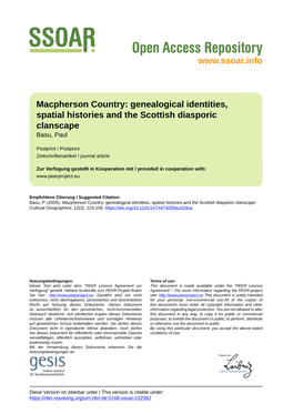 Genealogical Identities, Spatial Histories and the Scottish Diasporic Clanscape Basu, Paul