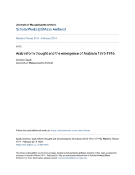 Arab Reform Thought and the Emergence of Arabism 1876-1916