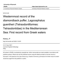 Westernmost Record of the Diamondback Puffer, Lagocephalus Guentheri (Tetraodontiformes: 1 Tetraodontidae) in the Mediterranean