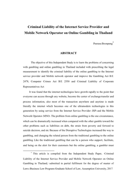 Criminal Liability of the Internet Service Provider and Mobile Network Operator on Online Gambling in Thailand