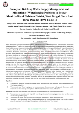 Survey on Drinking Water Supply Management and Mitigation of Waterlogging Problems in Bolpur Municipality of Birbhum District, W