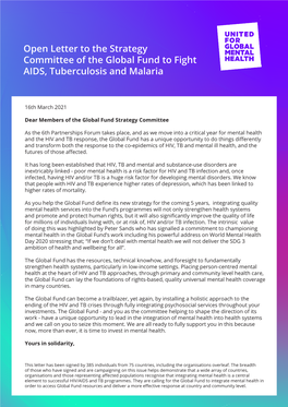 Open Letter to the Strategy Committee of the Global Fund to Fight AIDS, Tuberculosis and Malaria
