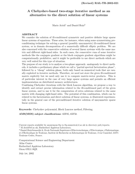 A Chebyshev-Based Two-Stage Iterative Method As an Alternative to the Direct Solution of Linear Systems