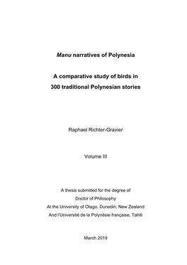 Manu Narratives of Polynesia a Comparative Study of Birds in 300 Traditional Polynesian Stories