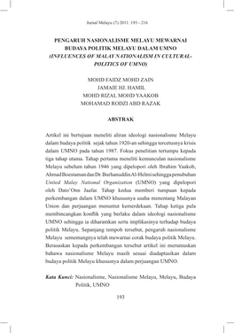 Pengaruh Nasionalisme Melayu Mewarnai Budaya Politik Melayu Dalam Umno (Influences of Malay Nationalism in Cultural- Politics of Umno)