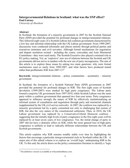 Intergovernmental Relations in Scotland: What Was the SNP Effect? Paul Cairney University of Aberdeen