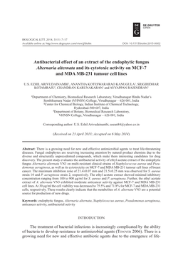 Antibacterial Effect of an Extract of the Endophytic Fungus Alternaria Alternata and Its Cytotoxic Activity on MCF-7 and MDA MB-231 Tumour Cell Lines