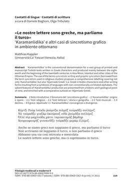 Le Nostre Lettere Sono Greche, Ma Parliamo Il Turco» 'Karamanlidika'