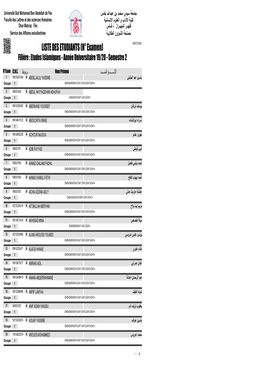 LISTE DES ETUDIANTS (N° Examen) 29/07/2020 Filière : Etudes Islamiques - Année Universitaire 19/20 - Semestre 2