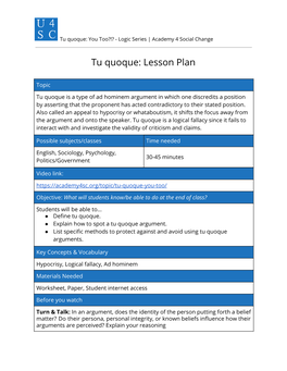 Tu Quoque: Lesson Plan