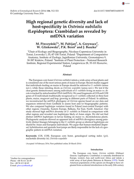 High Regional Genetic Diversity and Lack of Host-Specificity in Ostrinia Nubilalis (Lepidoptera: Crambidae) As Revealed by Mtdna Variation