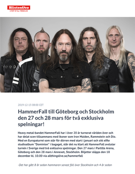 Hammerfall Till Göteborg Och Stockholm Den 27 Och 28 Mars För Två Exklusiva Spelningar!