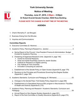 York University Senate Notice of Meeting Thursday, June 27, 2019, 2:00Pm – 5:00Pm Dr Robert Everett Senate Chamber, N940 Ross Building